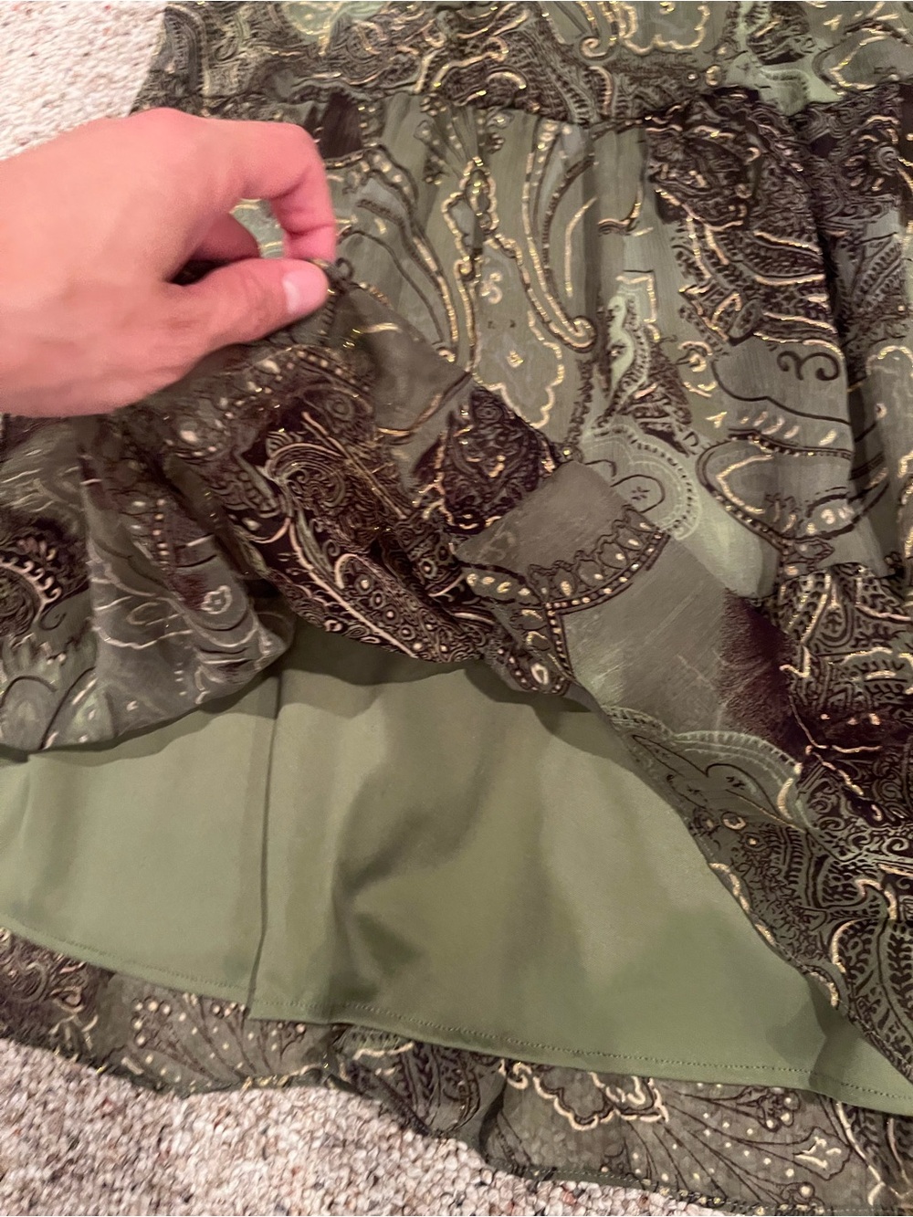 Vintage 90s Y2K Olive Green Paisley Tiered Maxi Dress - Picture 11 of 11